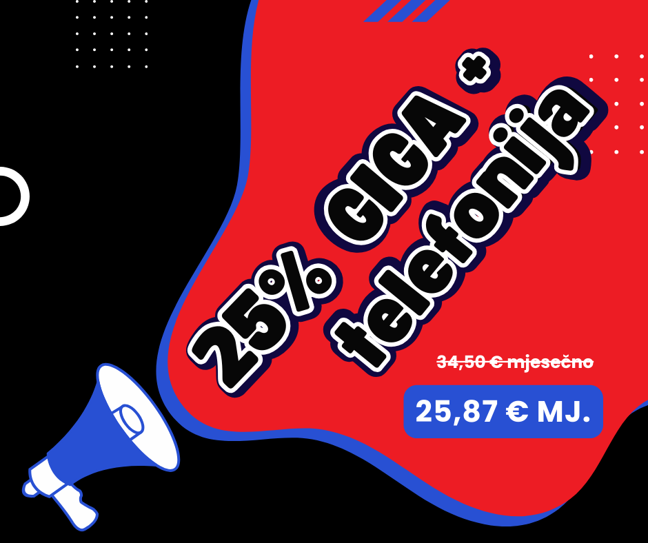 GIGA internet i telefonija paket s 25 posto popusta, akcijska cijena dostupna ograničeno vrijeme
