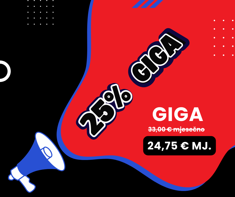 GIGA optički internet paket s 25 posto popusta, cijena 24,75 eura mjesečno